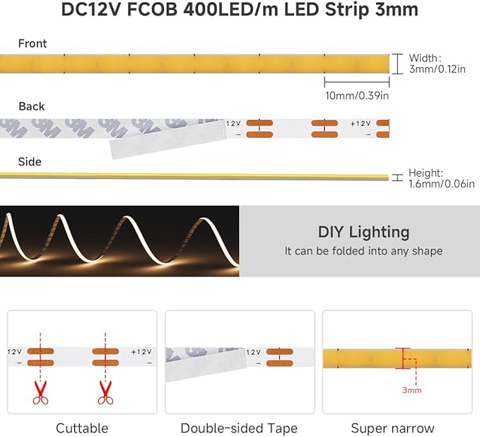 BTF-LIGHTING FCOB COB 3mm Width UL Listed Super Narrow Flexible Uniform LED Strip Light 16.4FT DC12V 2700K CRI 90+ Dimmable LED Ribbon for Kitchen Home Indoor Decoration(No Adapter or Controller)