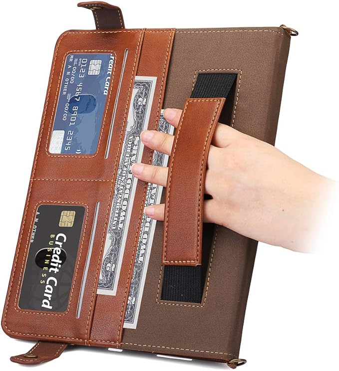 Handbag Case for iPad Pro 11" 2018-2022 / Air 11" 2025 2024 10.9" - Techcircle Folio Stand iPad Crossbody Wallet Case with Pencil Holder, Hand Strap+Shoulder Strap Protective Cover, Coffee