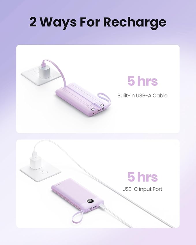 Portable Charger with Built-in Cable, 10000mAh Slim USB C Power Bank, External Battery Pack 5 Outputs 2 Inputs LED Display Compatible with iPhone/Android & More (Lavender)