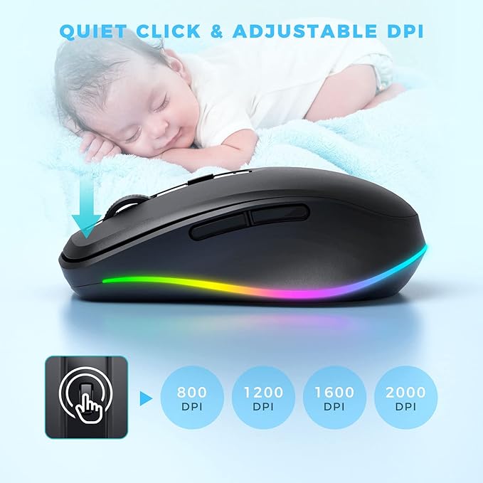 PEIOUS Wireless Mouse Jiggler - LED Wireless Mice with Build-in Jiggler Mover, Rechargeable Moving Mouse for Computer with Undetectable Random Movement Keeps PC Laptop Awake - Black