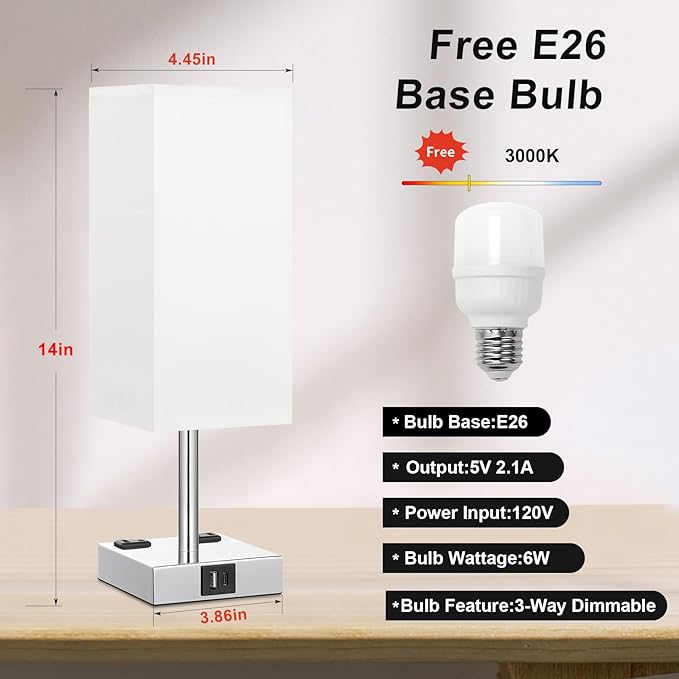 Touch Bedside Table Lamp for Nightstand - 3-Way Dimmable Night Lamp with USB A + Type C Charging Ports and Two AC Outlets, Small Desk Light with E26 LED Bulb for Bedroom Living Room Dorm Office,White