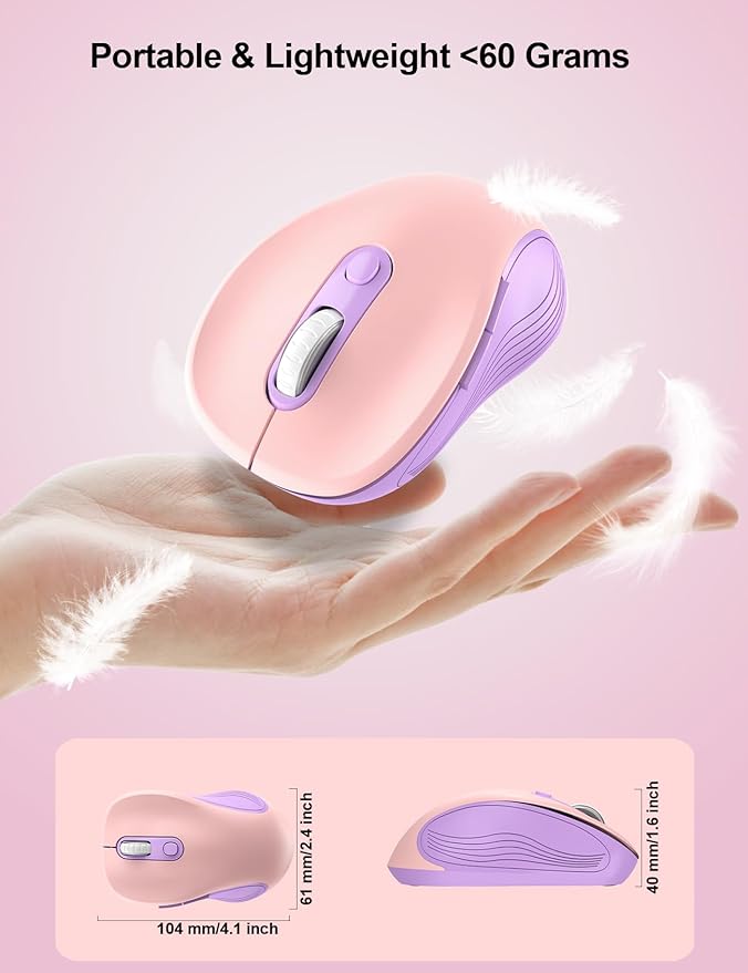 Trueque Wireless Mouse for Laptop, 2.4GHz Ergonomic Computer Mouse with Back & Forward Buttons, 3 Adjustable DPI Levels, 6 Buttons, Optical USB Cordless Mice for Windows PC, M01 (Pink Purple)