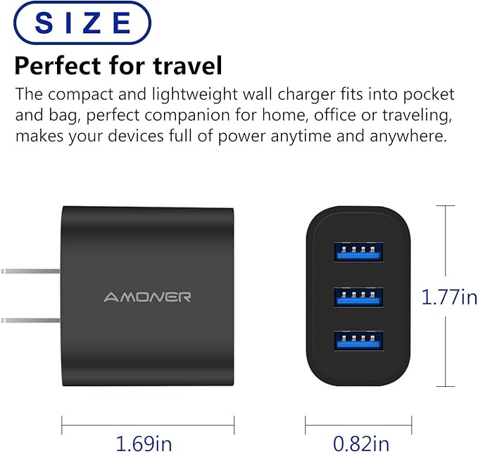 Amoner Wall Charger, Upgraded 2Pack 15W 3-Port USB Plug Cube Portable Wall Charger Plug for iPhone 13/12/mini/Pro/Max/11/Pro/Xs/XR/X/8/7/Plus, Galaxy10/9, Note10/9, and More