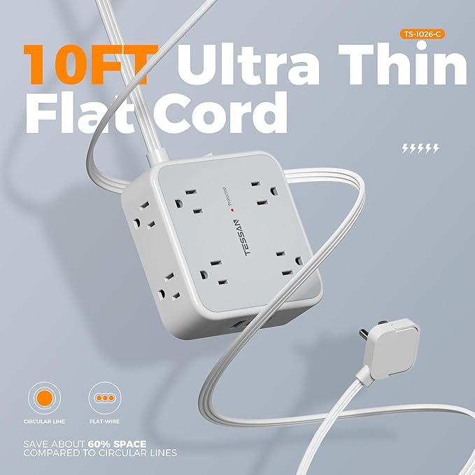 TESSAN Surge Protector Power Strip, 10 Ft Flat Plug Extension Cord with 3 USB (1 USB C) 8 Outlets, 1250W, 900J Protection, 3 Sided Outlet Extender with Ring Plug for Office, Dorm Room, Grey