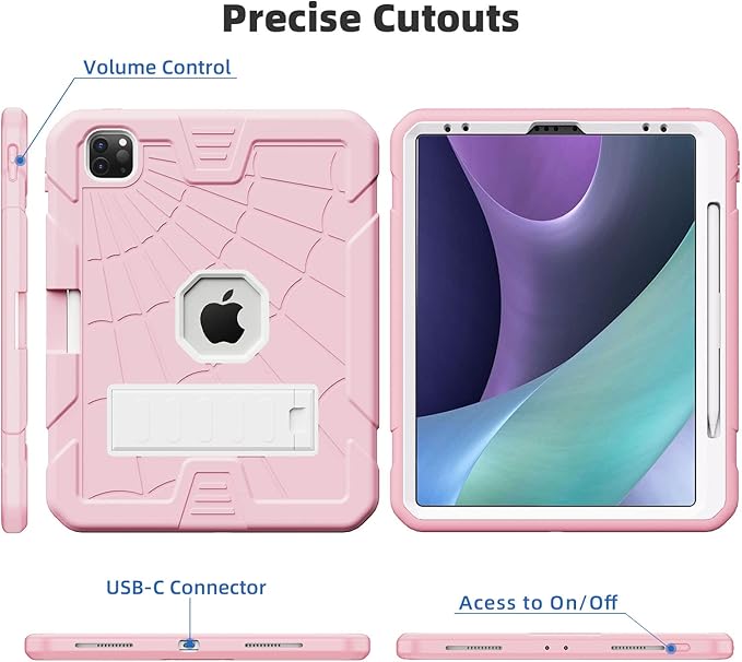 TSQQST Case for iPad Pro 11 Inch for Kids Girls with Pencil Holder | Rugged Shockproof Protective Case for iPad Pro 11 4th/3rd/2nd/1st Generation 2022 2021 2020 2018 | Pink