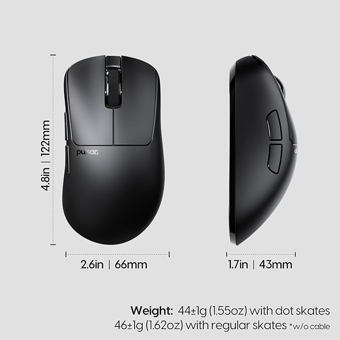 Pulsar Gaming Gears Xlite Crazylight Wireless Gaming Mouse, Ultra Lightweight 1.55 oz (44g), Optical Switch, 32000 DPI, 750 IPS, XS-1 Sensor, 8k Compatible (Medium, Jet Black)