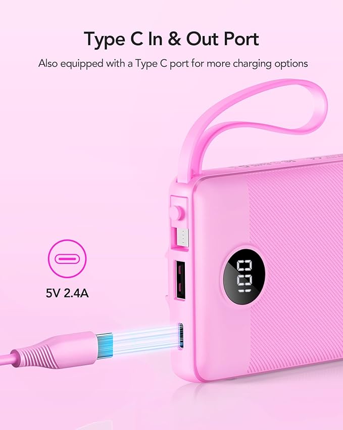 VRURC Power Bank for iPhone, Compact Portable Charger Built in Cables, 10000mAh Flight-Safe Battery Pack,5 Output USB C External Phone Charger for iPhone 17 Pro 17 16 15 14 13,Samsung-Purple(1 Pack)