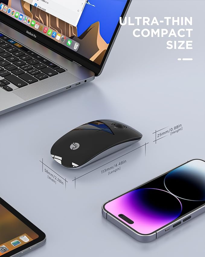 RAPIQUE Bluetooth Wireless Mouse - (BT5.1+USB) Slim Dual Mode Computer Mice with Quiet Click, Low Power, and 1600 DPI, Portable Mouse for MacBook, Laptop, iPad Pro/Air, Surface Pro (Black)