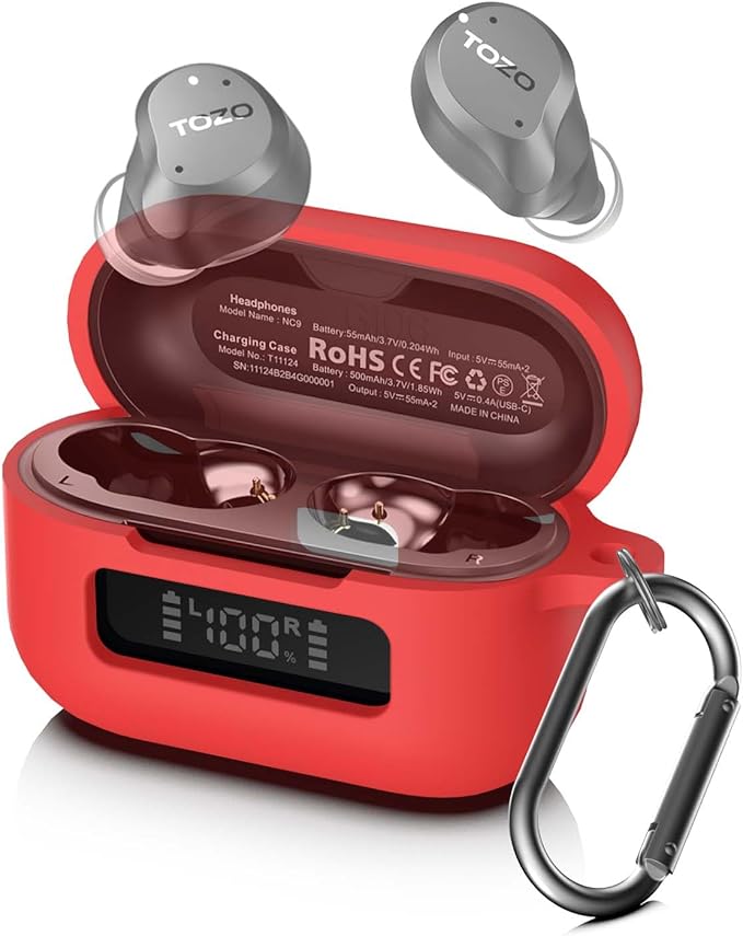 for TOZ0 NC9(2024) Case Cover, Silicone Protective Battery Display Visible Design Cover ONLY for TOZO NC9 Hybrid Active Noise Cancelling Wireless Earbuds 2024 Version with Carabiner-Red