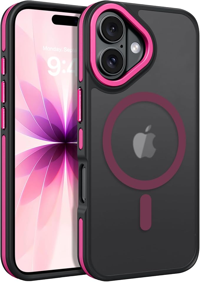 BENTOBEN Magnetic for iPhone 17 Case 2025 [Compatible with Magsafe] [Military-Grade Protection] Matte Women Men Anti-Slip Shockproof Bumper Phone Cases for iPhone 17 6.3", Hot Pink/Black
