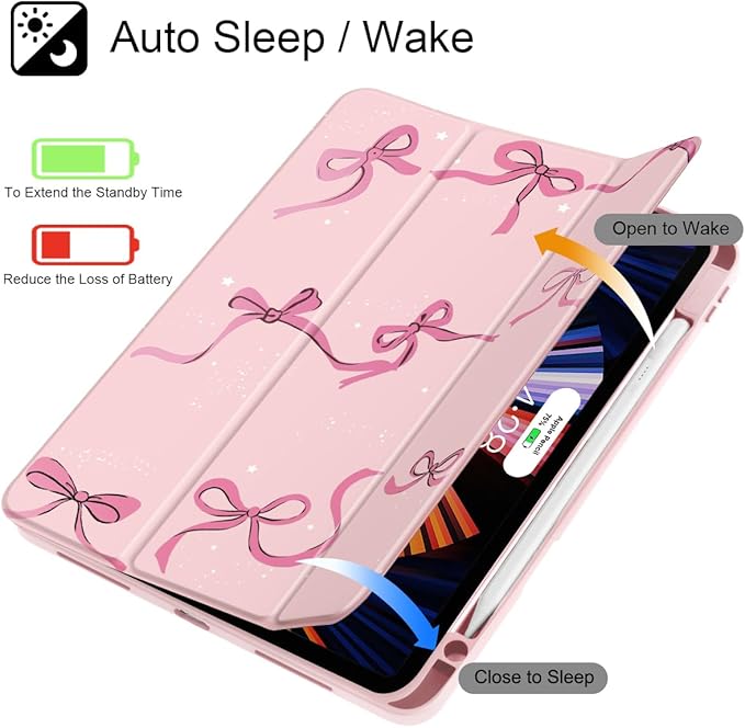 May Chen for iPad Pro 13 Inch Case M5 2025 / M4 2024, Built Pencil Holder & Clear Transparent Print Back Shell Slim Stand Shockproof Tablet Cover, Auto Wake/Sleep, Pink Bows