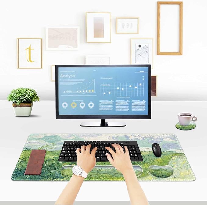 ToLuLu Extended Gaming Mouse Pad, Memory Foam Ergonomic Keyboard Mouse Wrist Rest Support Set, Large Desk Mat with Stitched Edges, Non-Slip Base Mousepad for Home Office Game and Study, Green Theme