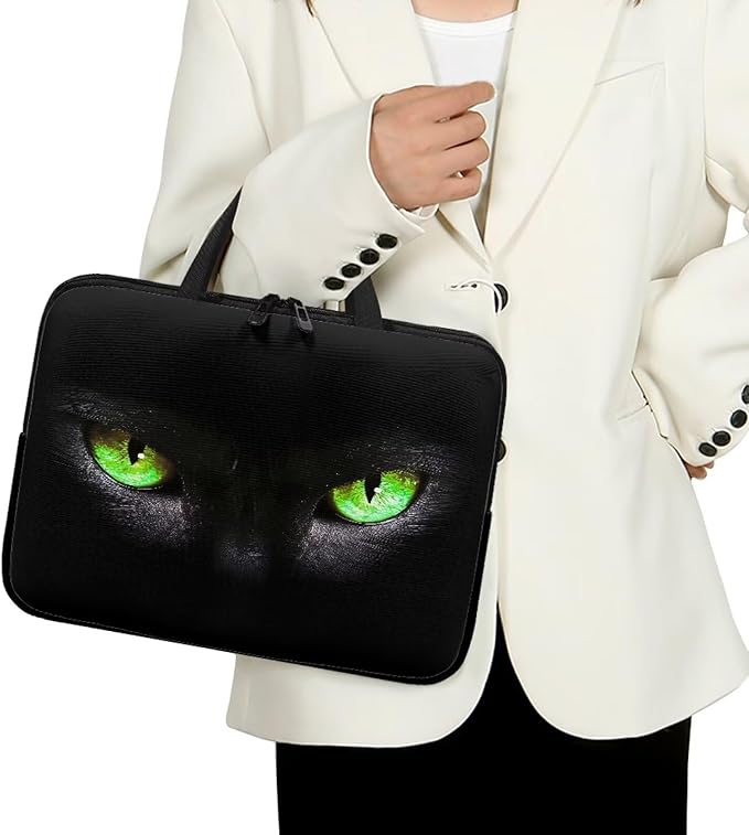 10 Inch Laptop Sleeve, Black Cat Green Eyes Laptop Cover Computer Bag Tablet Carrying Case with Handle, Funny Printed Notebook Case Handbag Briefcase Shoulder Bag for Office/School