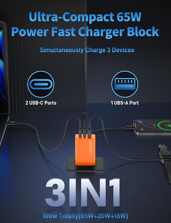 2Pack 65W USB C Charger Block, 3Port Fast Charging Adapter,Type C Fast Charging Blocks Cube PD USBC Wall Plug+QC3.0 USB A Charger Brick for MacBook Pro/Air,iPad,iPhone17/16,Samsung S26/S25&More-Orange