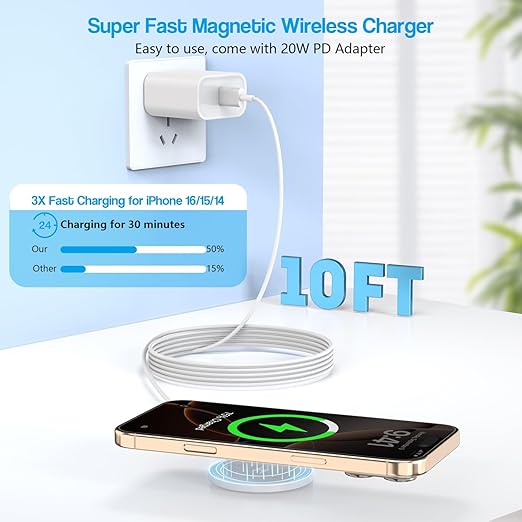 10FT Magnetic Wireless Charger,15W Fast Apple Mag-Safe Charger for iPhone 17/16/15 PD with USBC Apple Fast Charging Block 10Foot Quick Charge for iPhone 17/17 Air/17 16 15 Pro/Pro Max/14/13/12/AirPods
