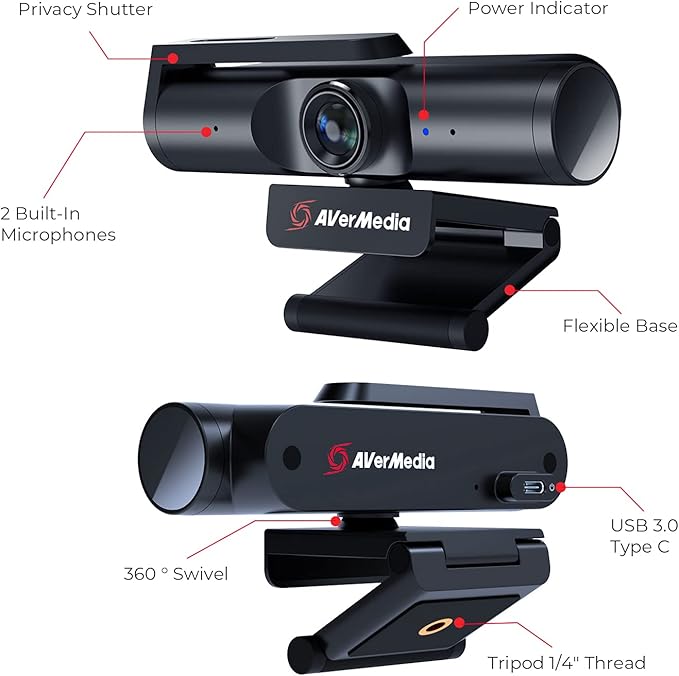 AVerMedia 4K webcam for PC, Gaming Camera for Streaming, Video Calls, Built-in Mic, Privacy Cover, for Teams, Google Meet, Zoom, OBS and more, for PC/Mac - PW513 Live Streamer CAM