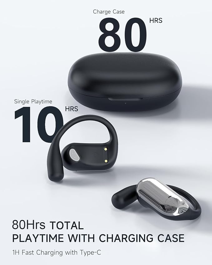 EUQQ Open Ear Headphones 80H Playtime- 2026 Bluetooth 5.4 Ear Earbuds Wireless with ENC Mic Noise Canceling,Lightweight Comfort,IPX7 Sweat Resistant,Adjustable Ear Hooks for Sports Running,Workout