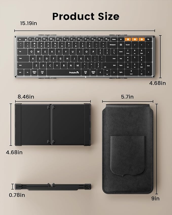 ProtoArc Backlit Foldable Keyboard, XK01 Plus Folding Portable Bluetooth Keyboard for Travel, True Full Size External Wireless Keyboards with Backlight for iPad Tablet Smartphone Laptop - Gray
