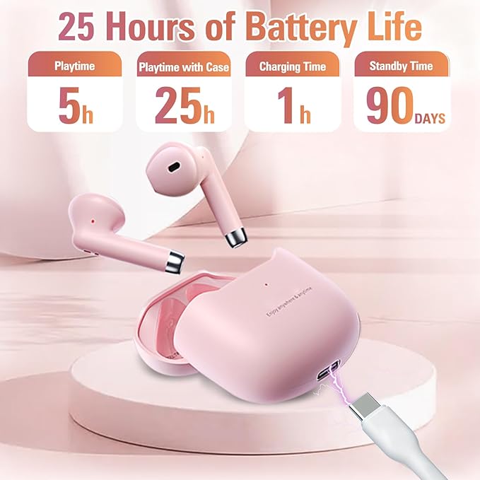Pink True Wireless Earbuds Bluetooth 5.3 with Microphone for Working Out Noise Canceling Blue Tooth Ear Buds Deep Bass TWS Wireless Earphones with Charging Case in Ear Headphone for iPhone Android