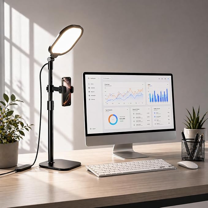 Desk Ring Light with Stand and Phone Holder, 3000K-6500K Adjustable Computer Ringlight, Video Conference Light for Zoom Meeting, Video Calls, Webcam, Desktop Light for Video Recording, CRI 97.8
