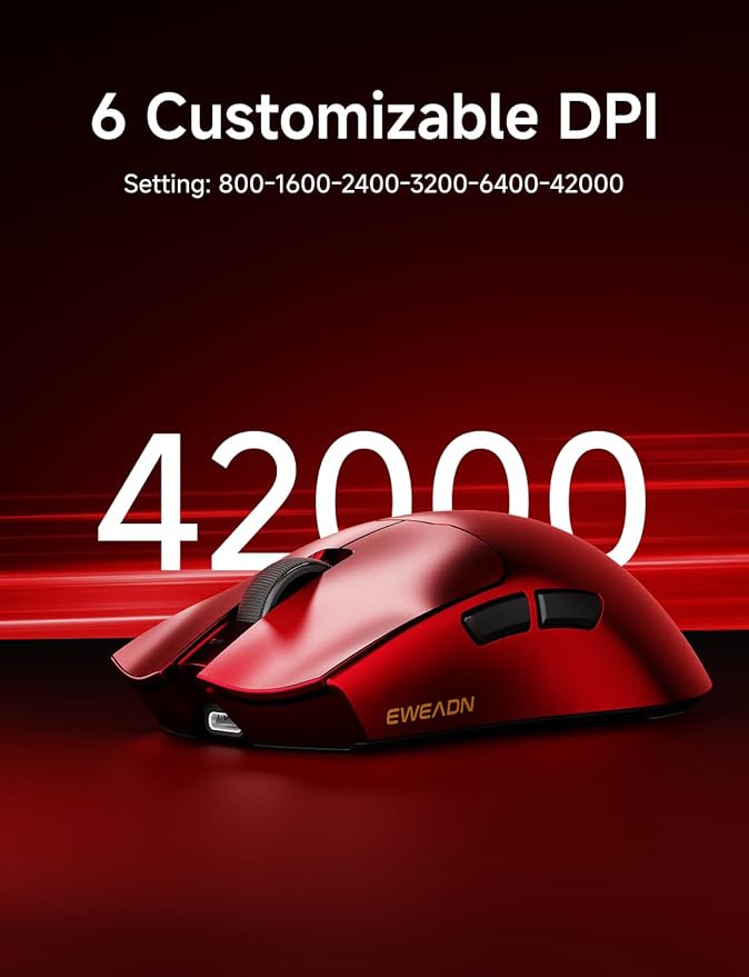 EWEADN S9 Ultra Wireless Gaming Mouse, 59G Ergonomic Computer Mouse, Triple Modes, 8K Polling, PAW3950 42K DPI Optical Sensor, Kailh Switch, 250h Battery Life, Programmable for PC/Win/Mac(Red)