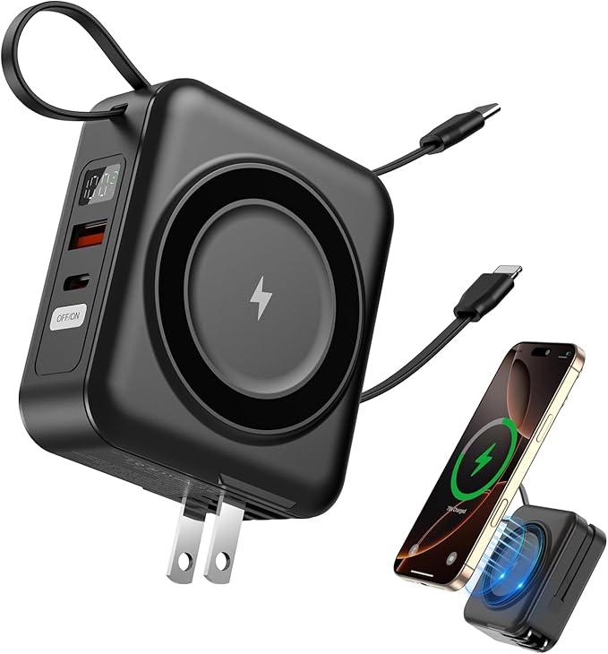 for Magsafe Portable Charger with AC Wall Plug, 6-in-1 Magnetic Wireless Power Bank 10000mAh Built-in Cables, 22.5W Type-C in&Out Fast Charging Battery Pack for iPhone17/16/15/14/13/12 Series, Black