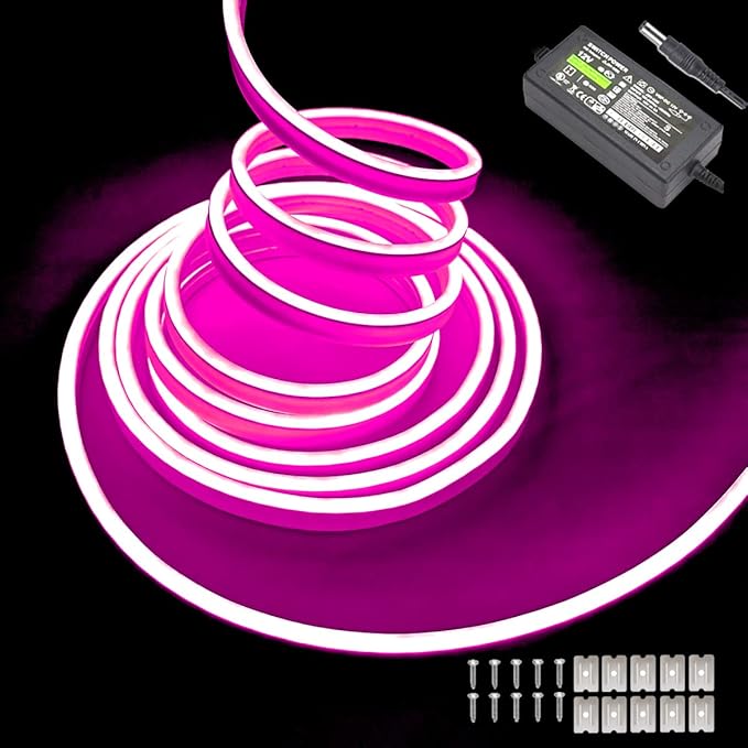 Pink Neon LED Strip Lights, 16.4ft 12V Waterproof Flexible Light for Indoor/Outdoor Decoration (Includes Power Adapter)