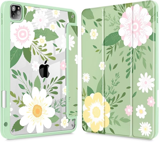 Tuiklol for iPad Pro 12.9 Inch 6th/5th/4th/3rd Generation 2022 2021 2020 2018 Case,Built-in Pencil Holder Clear Transparent Protective Back Shell Cover with Auto Sleep/Wake, Flowers Green