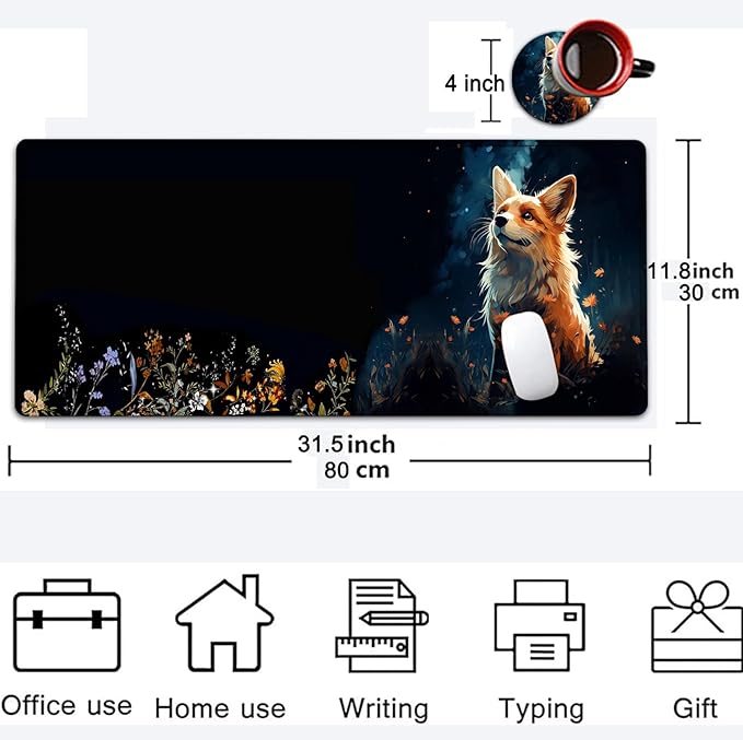 Large Mouse Pad, 31.5 x 11.8in Extended Gaming Mouse Pad with Stitched Edges, XXL Mousepad Protector Non Slip Rubber Base for Office and Home Writing Mat, Cute Red Fox Animal Pattern Black Desk Mat