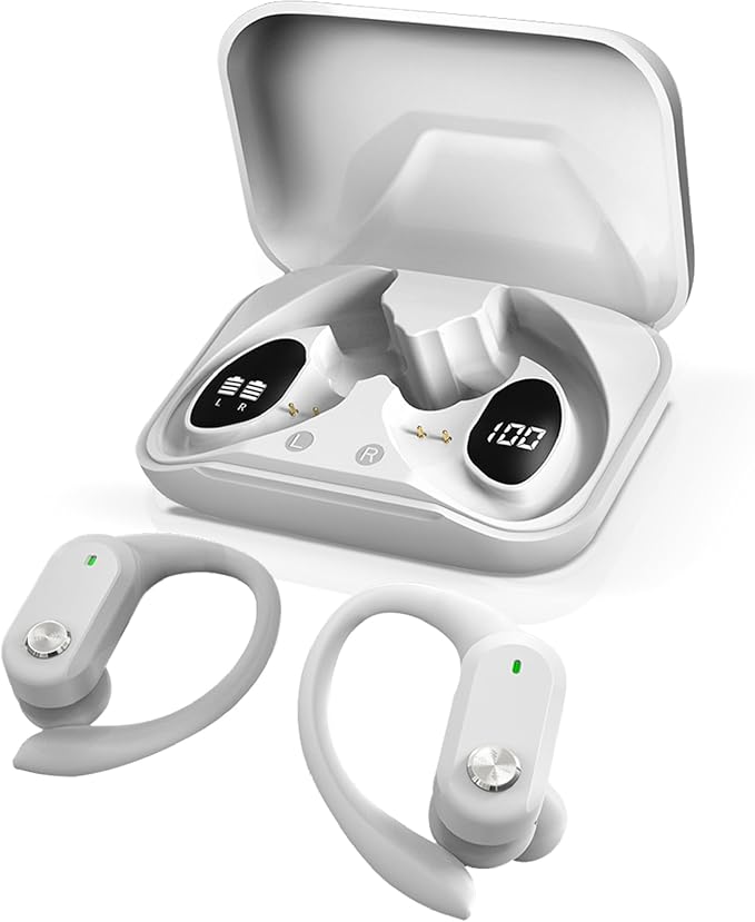 RCA Wireless Earbuds Bluetooth 5.3 Headphones Sport Sweat Resistant Sports Earphones with Earhooks,48H Playtime,Lightweight 7.8g,Fast Charging Case,Noise Cancelling Mic for Running Gym Workout-White