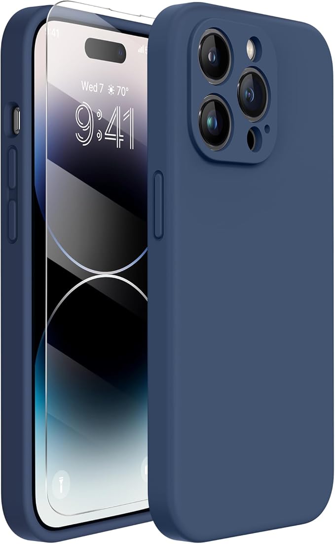 Miracase Designed for iPhone 14 Pro Case with Screen Protector, [Upgraded Camera Protection], Shockproof Liquid Silicone Rubber Phone Case Cover for 14 Pro 6.1 inch, Dark Blue