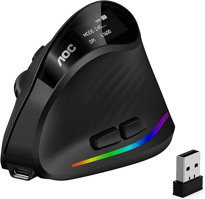 AOC 2.4GHz Ergonomic Mouse, Wireless Bluetooth Vertical Mouse for Work, 4800 DPI Optical Tracking, 5 Adjustable DPI, Quiet Clicks, RGB Light, Compatible with Computer, Laptop, PC, Mac, Desktop - Black
