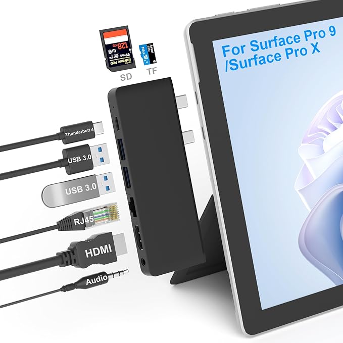 Surface Pro 9/Pro 11 Hub Docking Station with 4K HDMI, Thunerbolt 4(8K Video+40Gbps+100W Power), 100M Ethernet, USB3.0, SD TF Card Slot, 3.5mm Audio, Triple Display for Surface Pro 9/Pro X Accessories