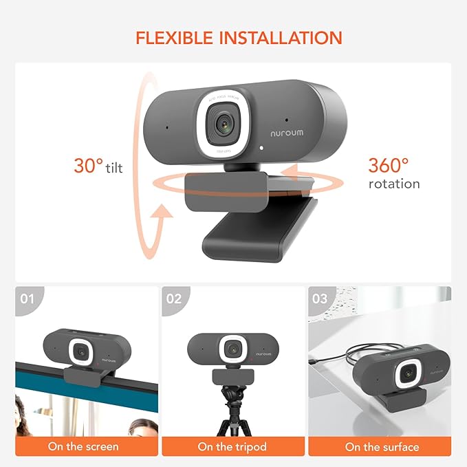 NUROUM V15-AFL Streaming Webcam with Ring Light, Autofocus Webcam for PC w/Dual Mic, 1080P 60fps, 75° FOV&Light Correction, USB Web Camera Plug&Play for Zoom/Teams/OBS/Xsplit, Streaming, Grey