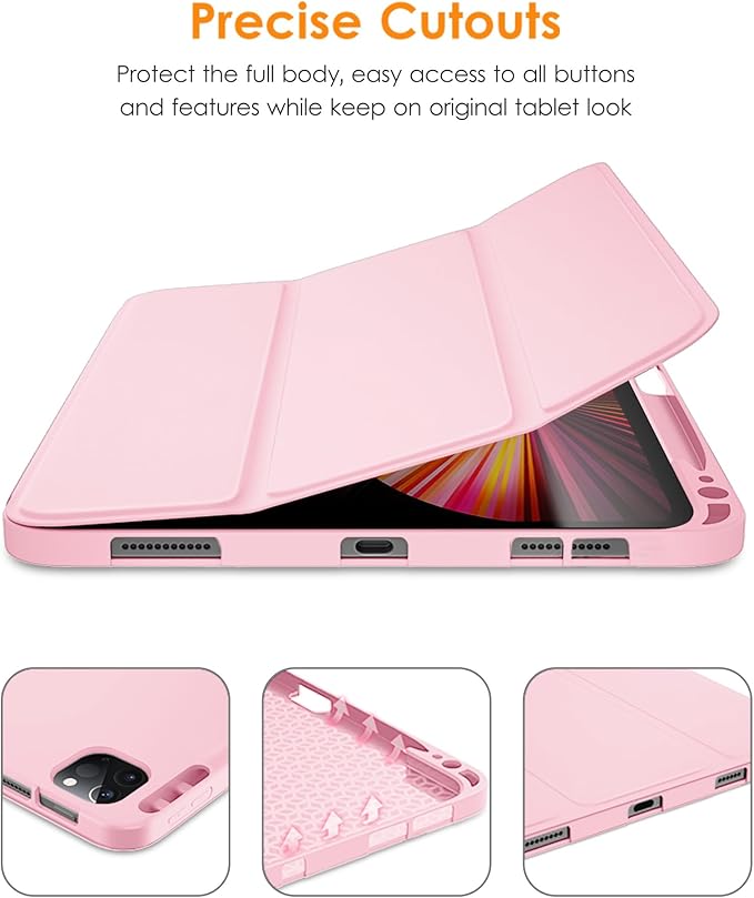 DTTO for iPad Pro 11 inch 4th/3rd/2nd/1st Generation 2022/2021/2020/2018 Case, Smart Slim Trifold Stand Soft TPU Back Cover with Built-in Pencil Holder, Also Fit iPad Air 5/4,Pink