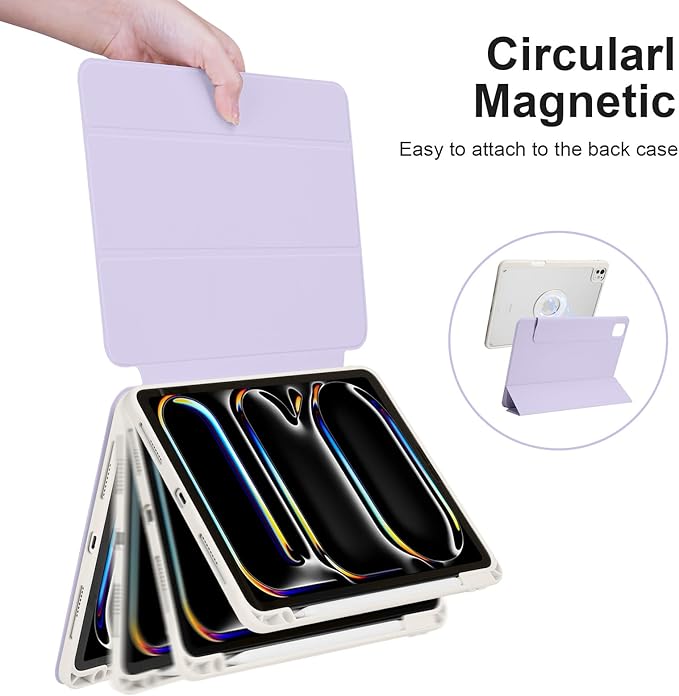 Case for iPad Pro 11 inch M5/M4 (2025/2024, 6th/5th Generation), Removable and Detachable Magnetic Cover with Pencil Holder, Vertical Adjustable Stand, Tri-Fold Multi-Angle, Lilac+White