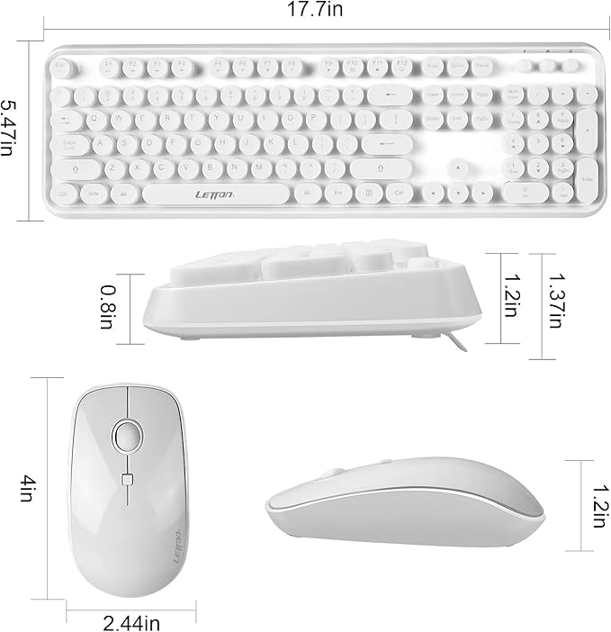 White Retro Typewriter Keyboard and Mouse Wireless Combo, Cute Wireless Keyboard with Retro Round Keycaps,2.4Ghz Full Szie Creamy Clicky & Satisfying Typing Keyboard&3 DPI Mouse for PC Laptop Desktop