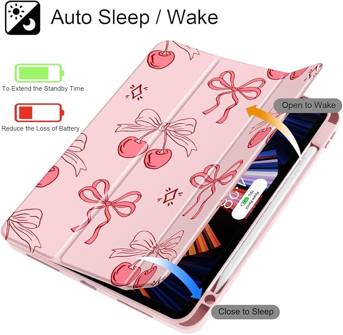 May Chen for iPad Pro 13 Inch Case M5 2025 / M4 2024, Built Pencil Holder & Clear Transparent Print Back Shell Slim Stand Shockproof Tablet Cover, Auto Wake/Sleep, Coquette Cherry Bow