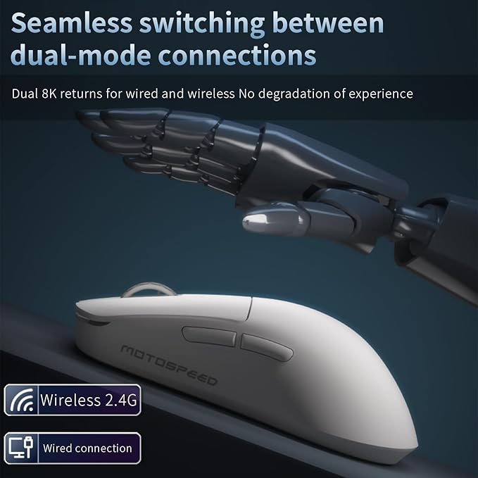 MOTOSPEED X6 Wireless Gaming Mouse,Two-Mode 8K/USB-C Mouse Up to 26000DPI,PAW3395 Optical Sensor Lightweight 46g,5 programmable Button,500MAh Battery Life,Computer Mouse for Laptop,PC,Mac(White)