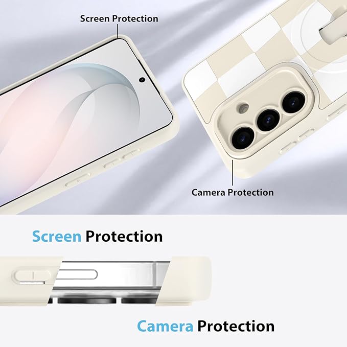 KANGHAR Compatible with Samsung Galaxy S26 Case, Support for MagSafe, Silicone Checkered Cute Pattern, Wristband Kickstand Camera Protection Soft Slim Cover for Girls Women -White