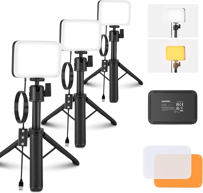 NEEWER Basics 3 Pack LED Video Panel Light, Video Conference Lighting Kit with Desktop Tripod Stands/Filters for Webcam Desk Computer Zoom Makeup Recording Selfie Streaming, Bi Color Dimmable, BP66