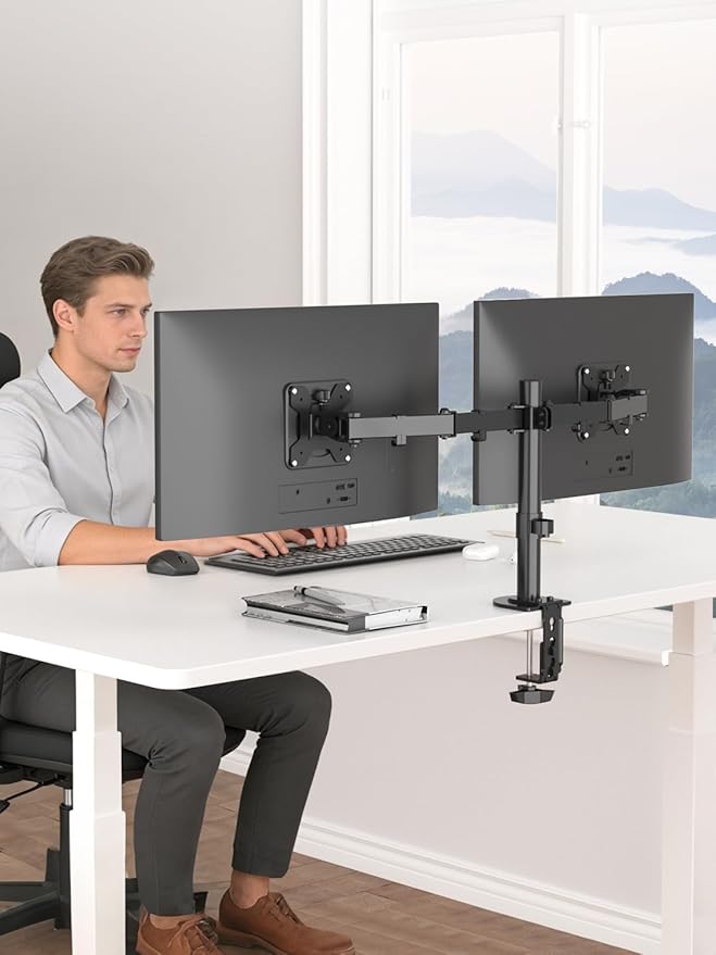 Suptek Dual Monitor Desk Mount, Adjustable Dual Monitor Arm for 2 Computer Screens up to 27 inch, Dual Gas Spring Monitor Arm, Holds up to 22 lbs Each, VESA 75x75/100x100 mm, Black (MD9442)