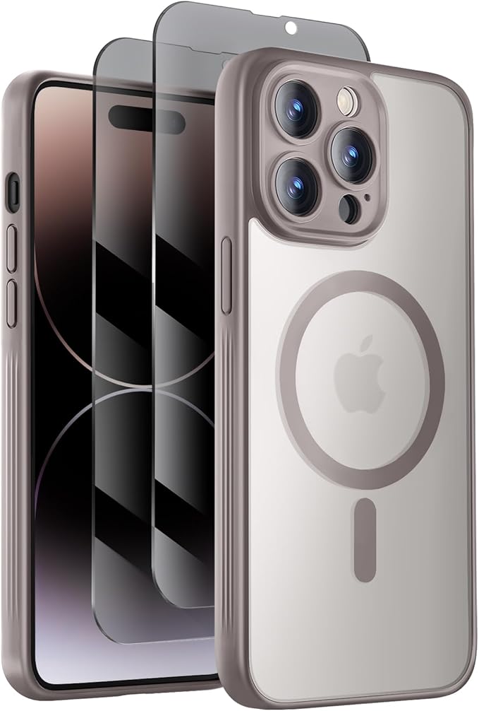 Symcele Designed for iPhone 14 Pro Case, Compatible with MagSafe, with Privacy Screen Protectors X2, [Camera Protection] [15FT Military Drop Protection] Shockproof Phone Case, 6.1", Natural Titanium