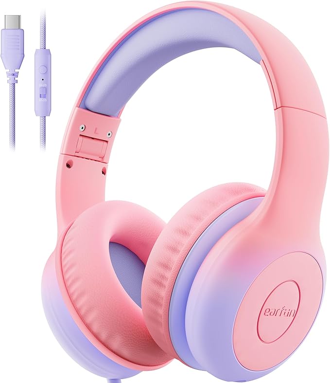 EarFun Kids Headphones Wired with Microphone, USB Type C Headphones for Kids, 85/94dB Volume Limit, Portable Wired Headphone with Shareport, Stereo Sound Foldable Headset for School/Tablet/PC, Pink
