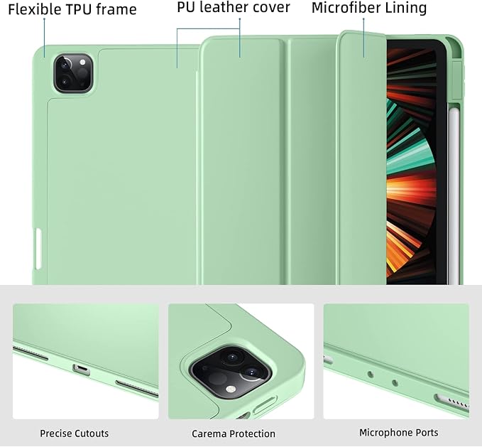 Wenlaty Compatible with iPad Pro 11 Inch Case 4th/3rd/2nd Generation with Pencil Holder, for iPad 11 Pro Case 2022/2021/2020, Protective Trifold Cover with Soft TPU Back, Auto Wake/Sleep, Matcha Green