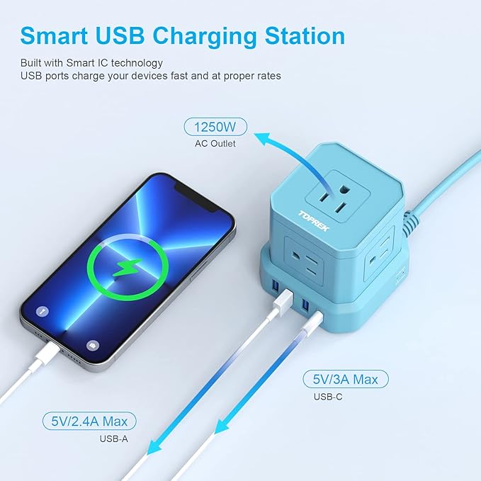 TOPREK Surge Protector Power Strip, 10 FT Flat Extension Cord with 5 Outlets, 2 USB-C & 2 USB-A, Power Strip with USB for Living Room, Nightstand, Office, Travel, Desk Charging Station, 700J