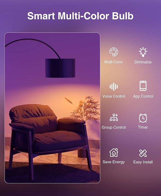 Beantech Wi-Fi Smart Light Bulb, Full Color Changing Light Bulb(RGB+W) 2 Pack-Compatible with Alexa and Google Assistant, Multicolor, (WB5-2p)