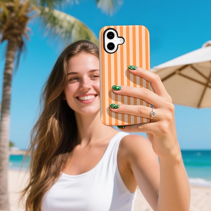 Magnetic for iPhone 17 Case Cute Stripes Phone Case, Shockproof Slim TPU and Hard PC Protective Phone Cover Compatible with MagSafe Designed for Women Girls, Orange