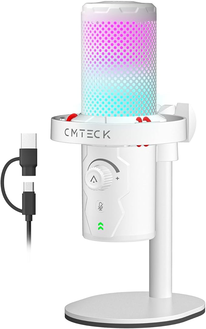 CMTECK USB Microphone for PC Gaming, Condenser Gaming Microphone with Quick Mute, RGB Indicator, Plug and Play, Desk Podcast Mic for Studio Recording, YouTube, Streaming, Compatible with PS4/5/PC