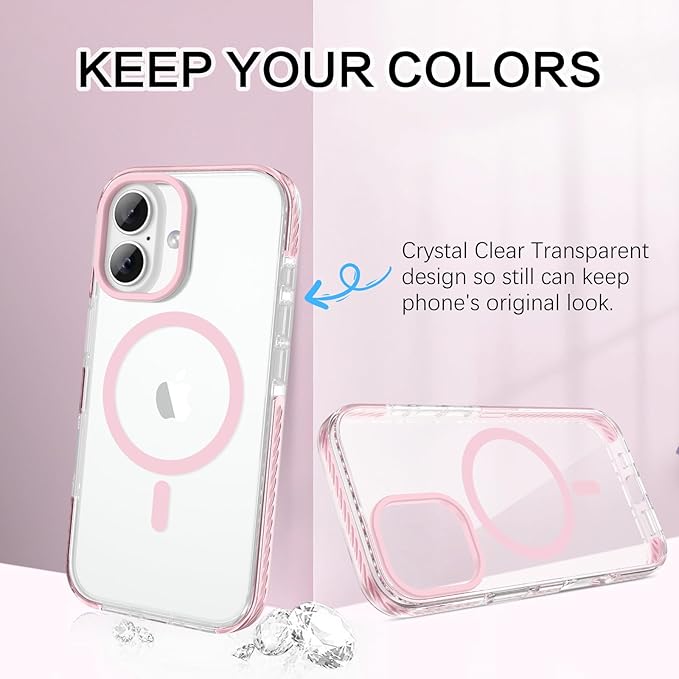 BENTOBEN Magnetic for iPhone 17 6.3" Case, Compatible with Magsafe Military Shockproof Protective Bumper Cute Transparent Slim Anti-Yellowing Women Girl Men Phone Case for iPhone 17 Cover, Clear Pink